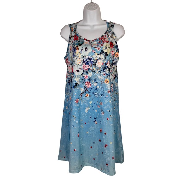 Dresses & Skirts - Floral Sleeveless Shift Dress Women L Blue Grommet Strap Casual Summer Mini